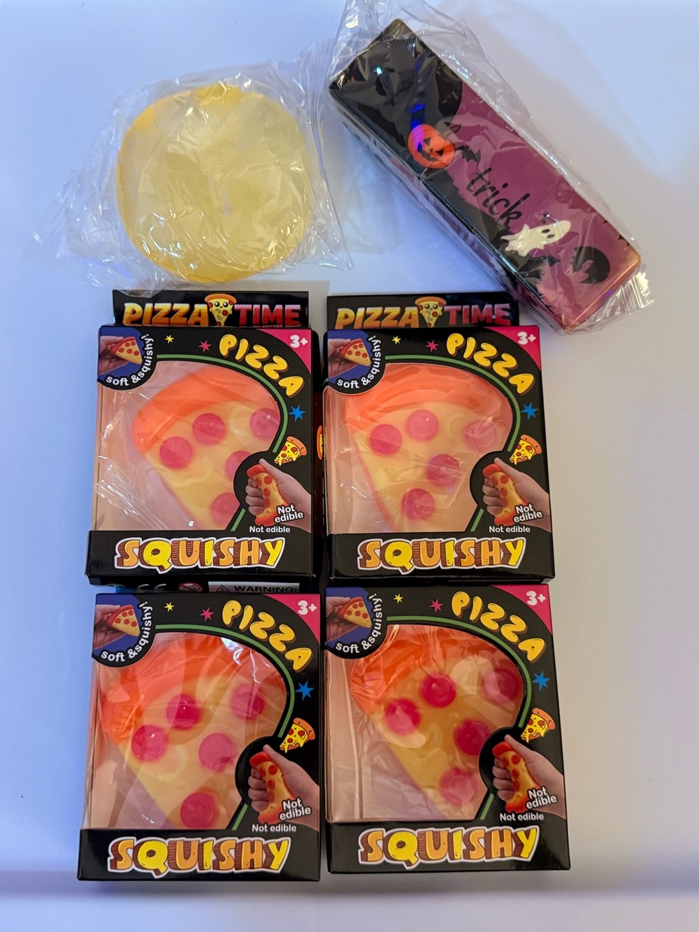 Squishy Toy - Orange & Yellow Party (4 Pack), 1 Halloween butter and 1 coconut o